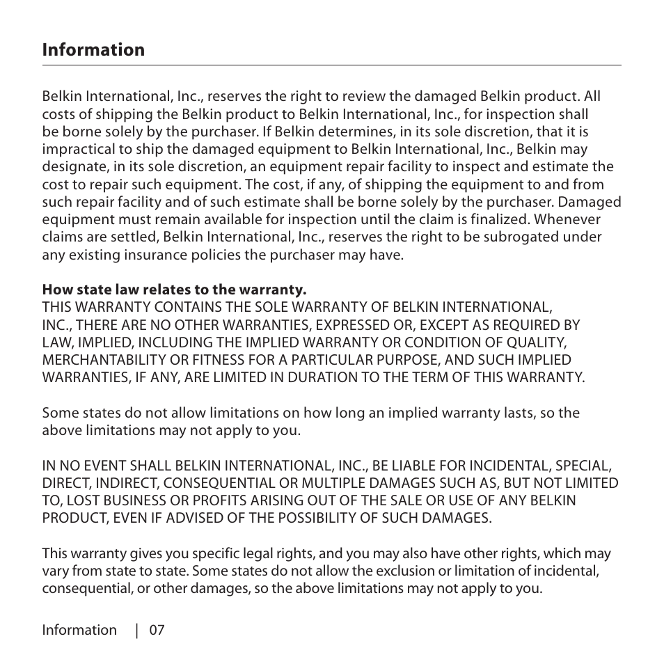 Information | Belkin USP Plus Hub F5U307 User Manual | Page 10 / 12