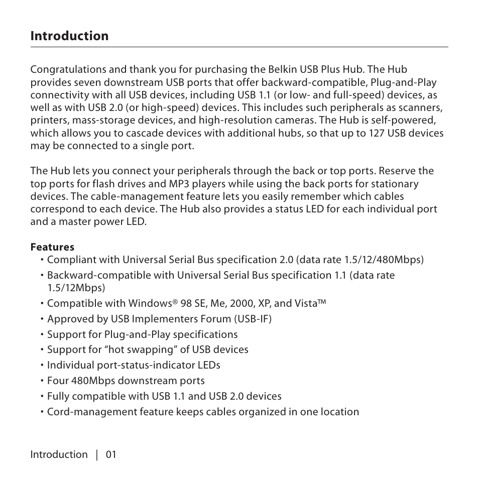 Introduction | Belkin USP Plus Hub F5U307 User Manual | Page 4 / 12