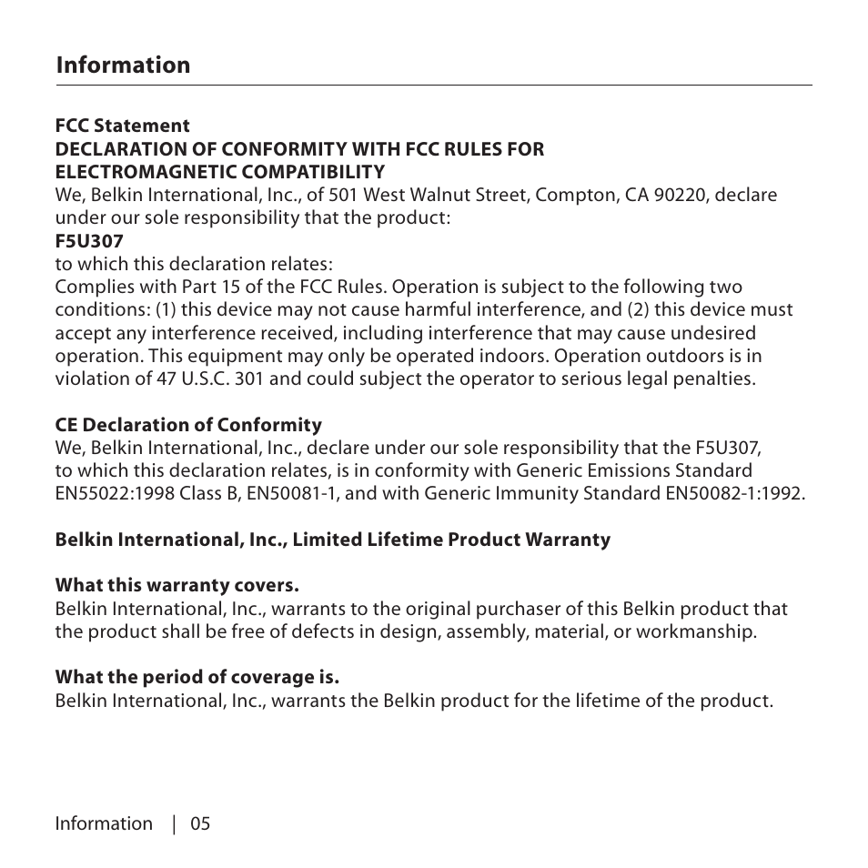 Information | Belkin USP Plus Hub F5U307 User Manual | Page 8 / 12