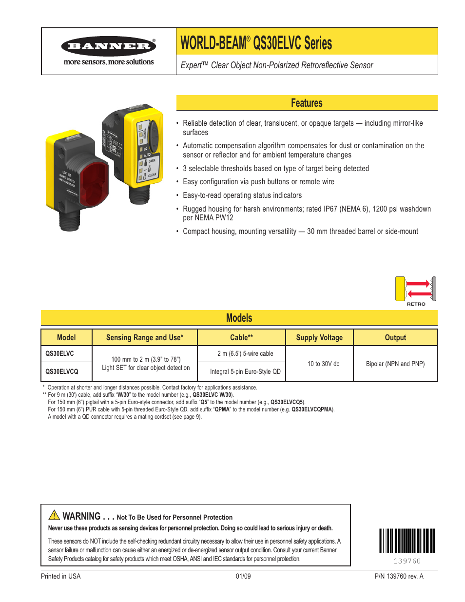 Banner WORLD-BEAM QS30 Clear Object Sensor User Manual | 12 pages