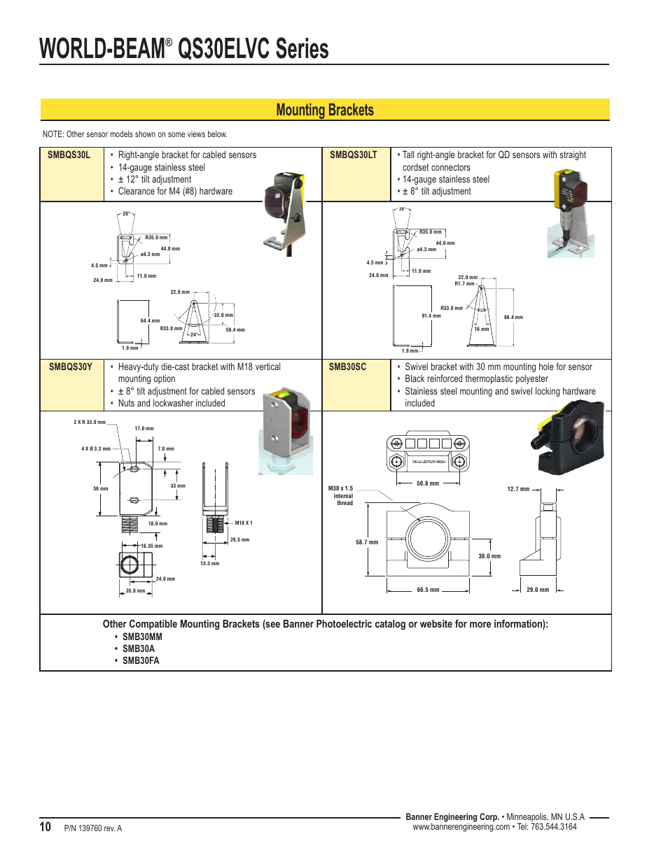 World-beam, Qs30elvc series, Mounting brackets | Banner WORLD-BEAM QS30 Clear Object Sensor User Manual | Page 10 / 12