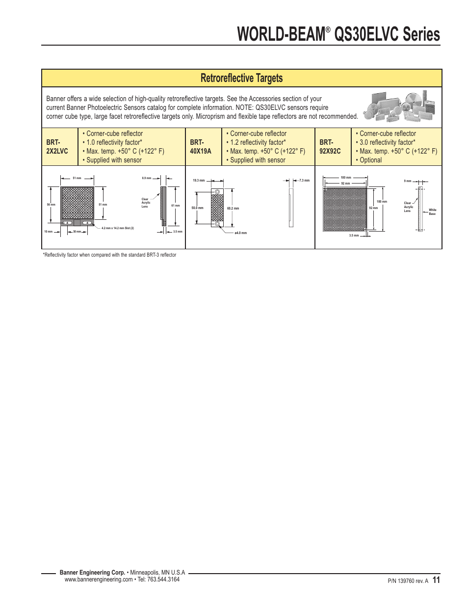 World-beam, Qs30elvc series, Retroreflective targets | Banner WORLD-BEAM QS30 Clear Object Sensor User Manual | Page 11 / 12