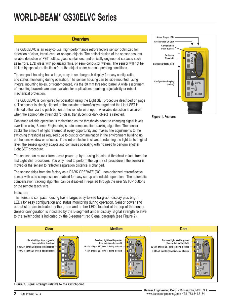 World-beam, Qs30elvc series, Overview | Indicators | Banner WORLD-BEAM QS30 Clear Object Sensor User Manual | Page 2 / 12