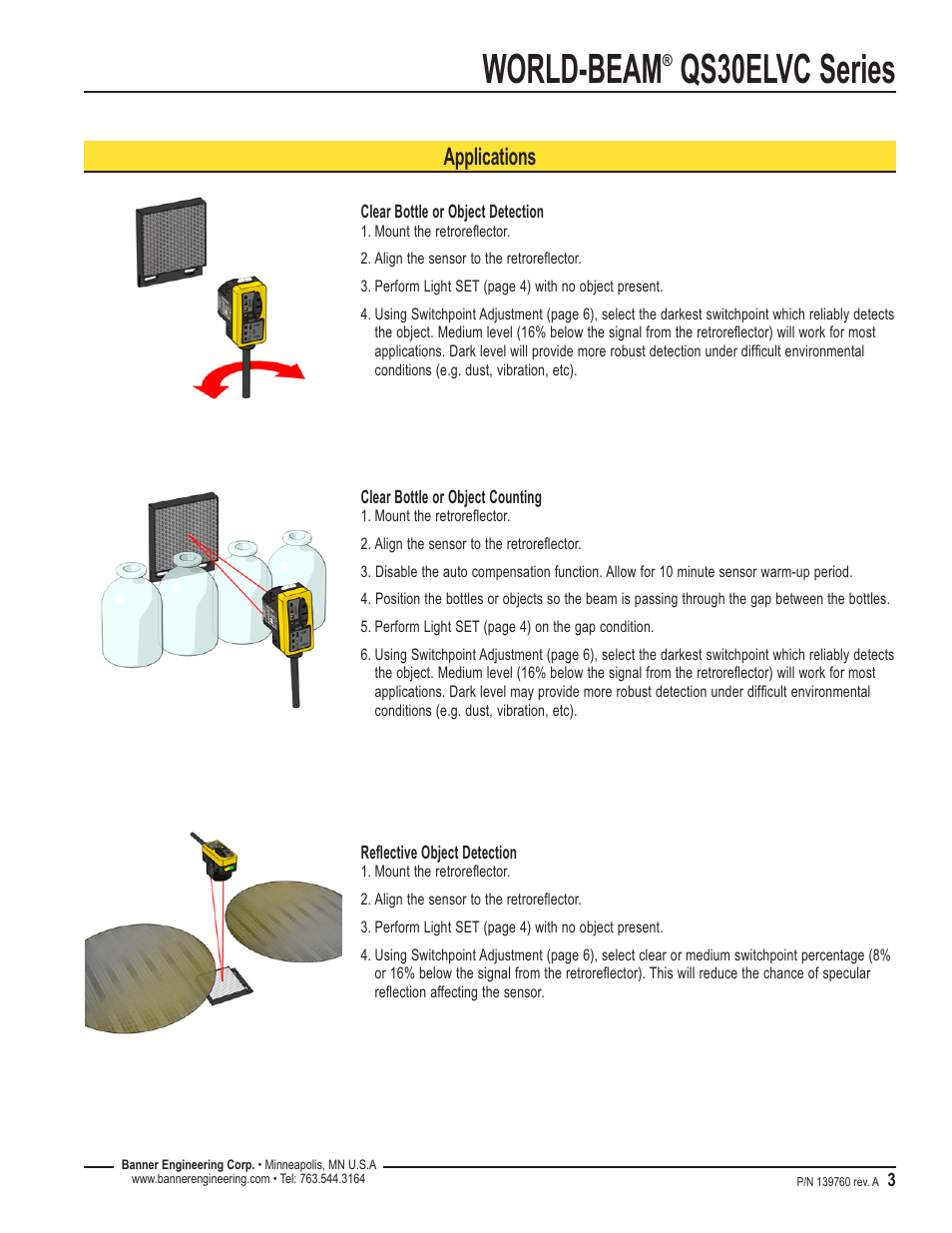 World-beam, Qs30elvc series, Applications | Banner WORLD-BEAM QS30 Clear Object Sensor User Manual | Page 3 / 12