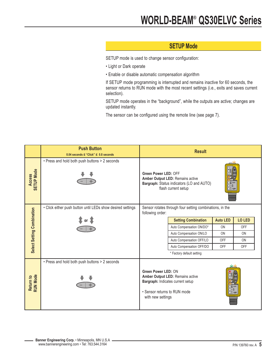 World-beam, Qs30elvc series, Setup mode | Banner WORLD-BEAM QS30 Clear Object Sensor User Manual | Page 5 / 12