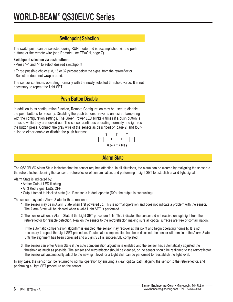 World-beam, Qs30elvc series, Switchpoint selection | Push button disable, Alarm state | Banner WORLD-BEAM QS30 Clear Object Sensor User Manual | Page 6 / 12