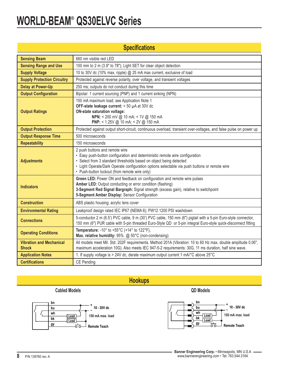 World-beam, Qs30elvc series, Specifications | Hookups | Banner WORLD-BEAM QS30 Clear Object Sensor User Manual | Page 8 / 12