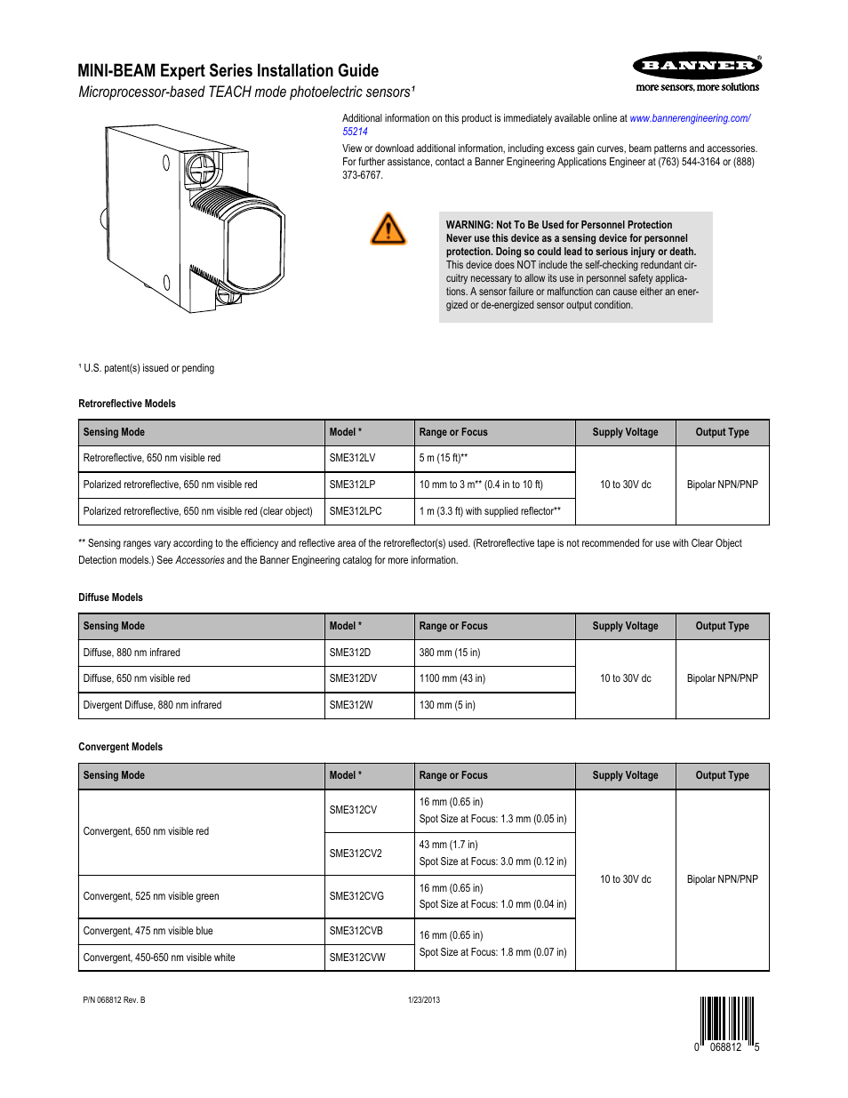 Banner MINI-BEAM Expert Series User Manual | 6 pages