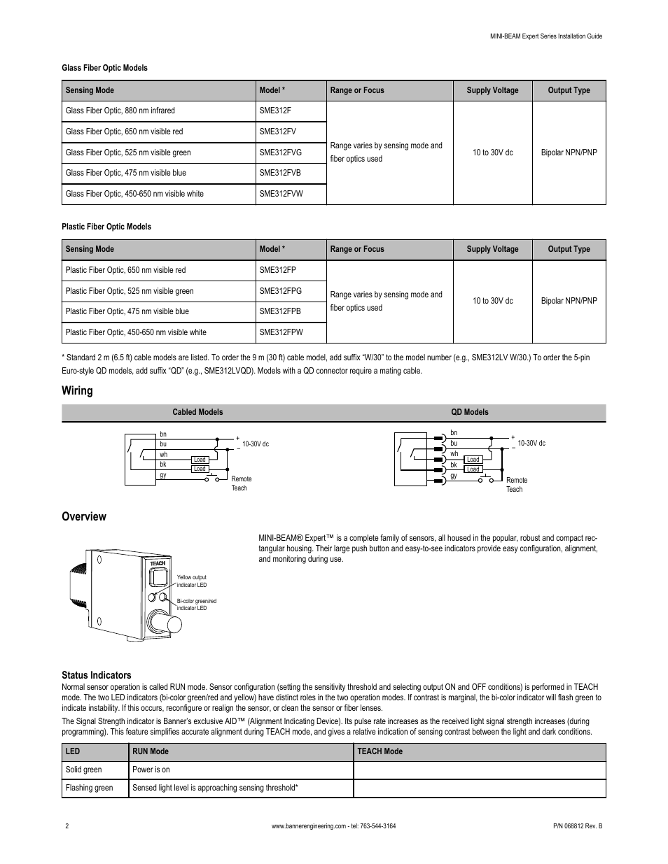 Wiring, Overview | Banner MINI-BEAM Expert Series User Manual | Page 2 / 6