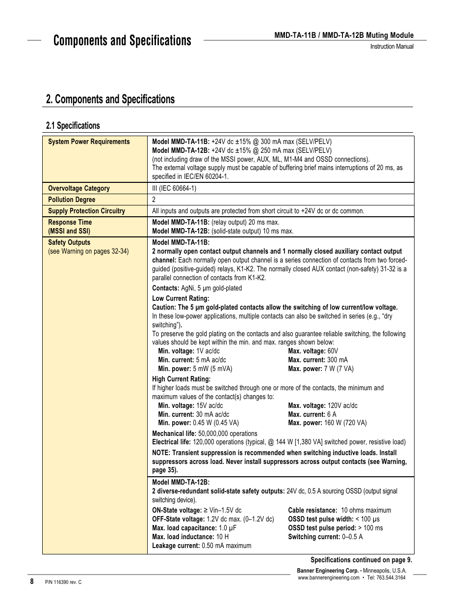 Components and specifications, 1 specifications | Banner MMD-TA-11B Muting Modules User Manual | Page 10 / 60