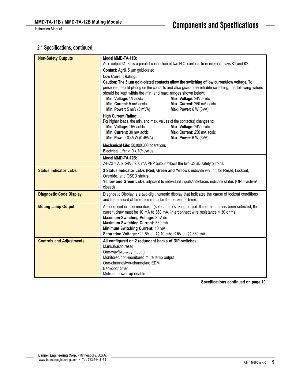 Components and specifications, 1 specifications, continued | Banner MMD-TA-11B Muting Modules User Manual | Page 11 / 60