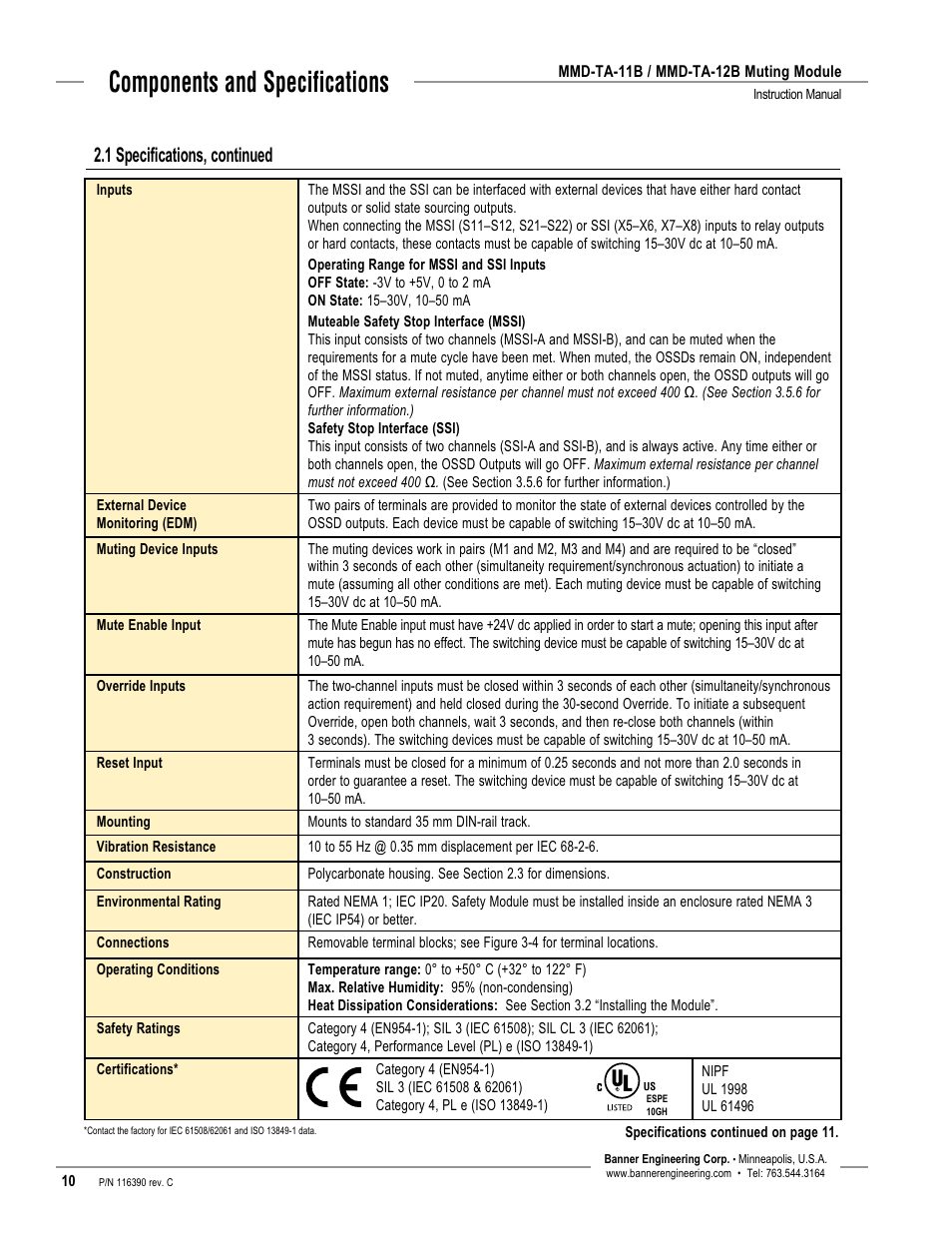 Components and specifications, 1 specifications, continued | Banner MMD-TA-11B Muting Modules User Manual | Page 12 / 60