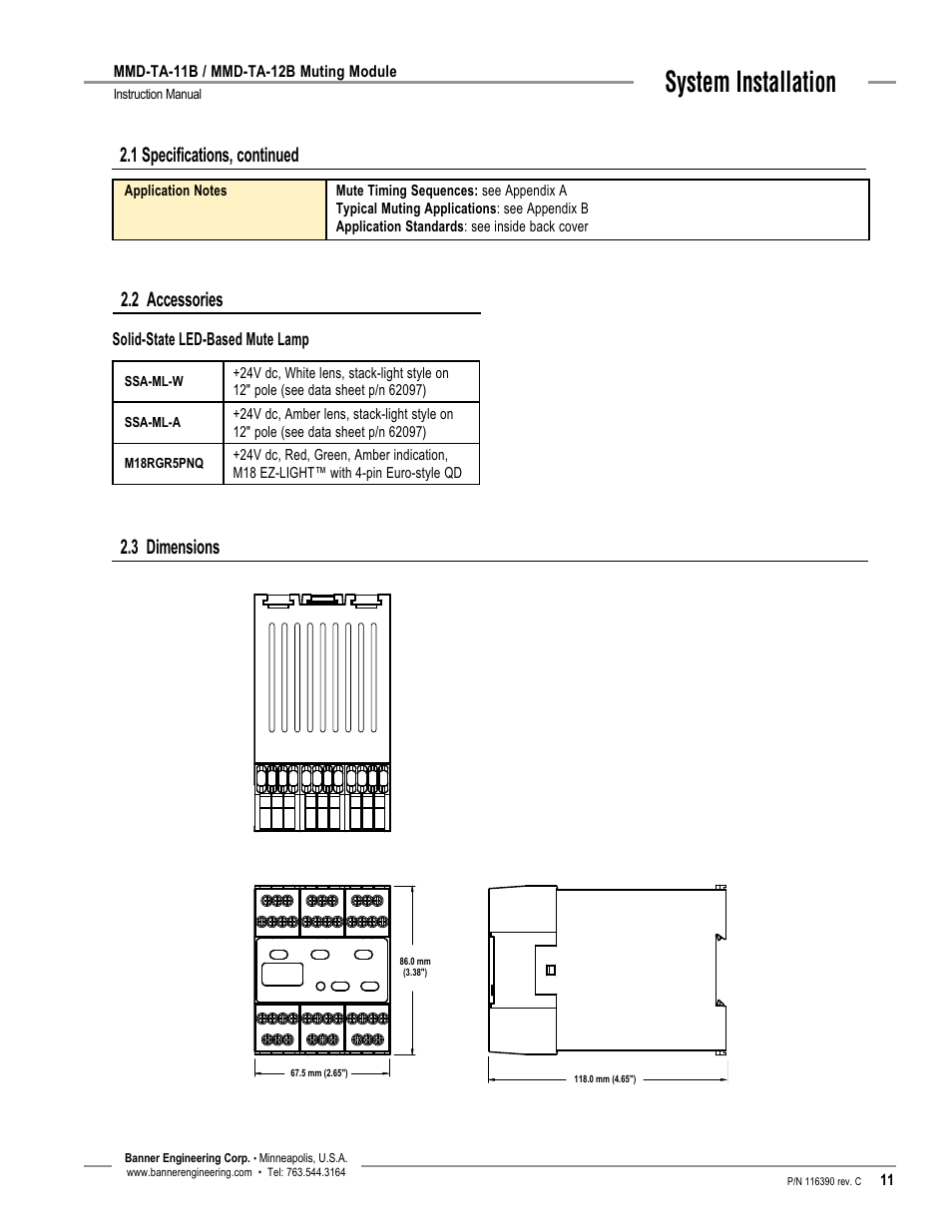 System installation, 3 dimensions, 2 accessories | 1 specifications, continued | Banner MMD-TA-11B Muting Modules User Manual | Page 13 / 60