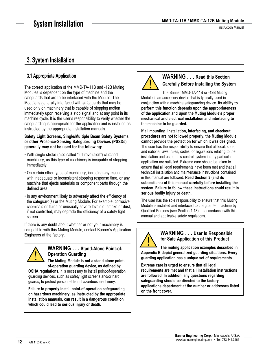 System installation, 1 appropriate application, Warning | Banner MMD-TA-11B Muting Modules User Manual | Page 14 / 60