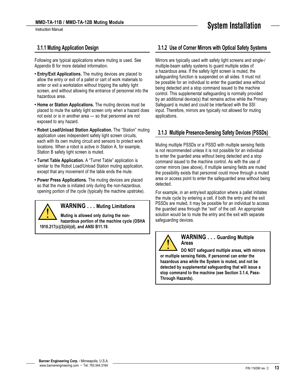 System installation, 1 muting application design, Warning | 3 multiple presence-sensing safety devices (pssds) | Banner MMD-TA-11B Muting Modules User Manual | Page 15 / 60
