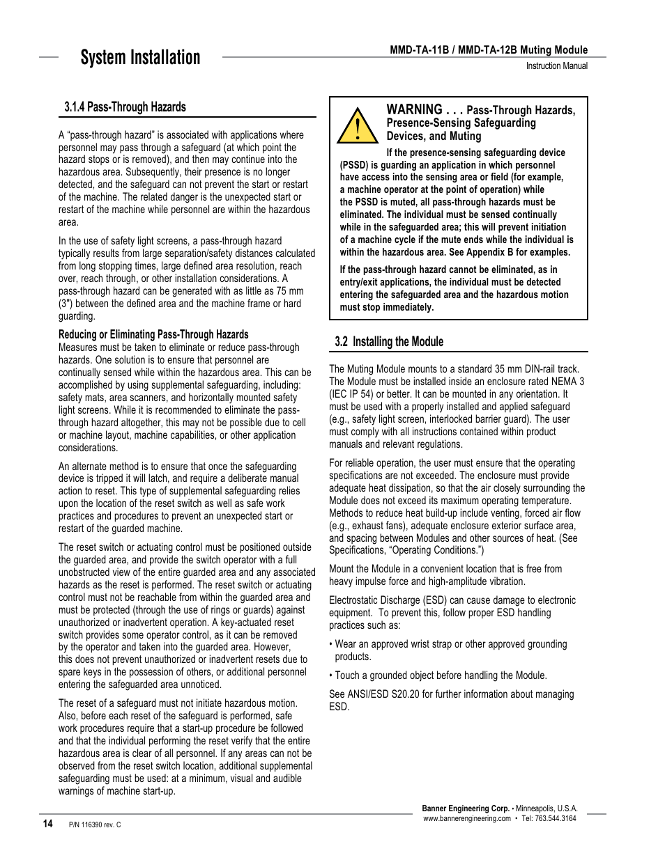 System installation, 4 pass-through hazards, Warning | 2 installing the module | Banner MMD-TA-11B Muting Modules User Manual | Page 16 / 60