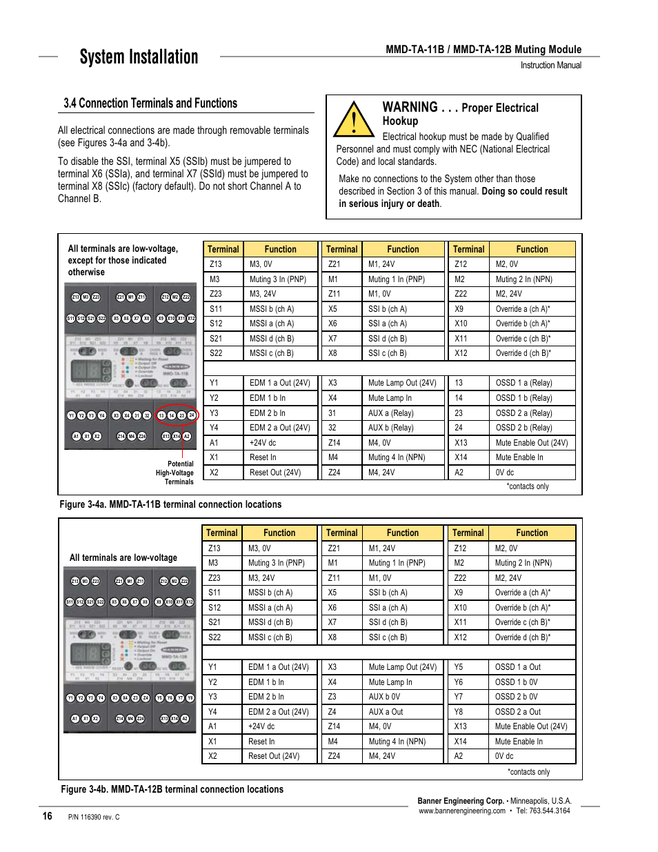 System installation, 4 connection terminals and functions, Warning | Proper electrical hookup, Mmd-ta-11b / mmd-ta-12b muting module | Banner MMD-TA-11B Muting Modules User Manual | Page 18 / 60