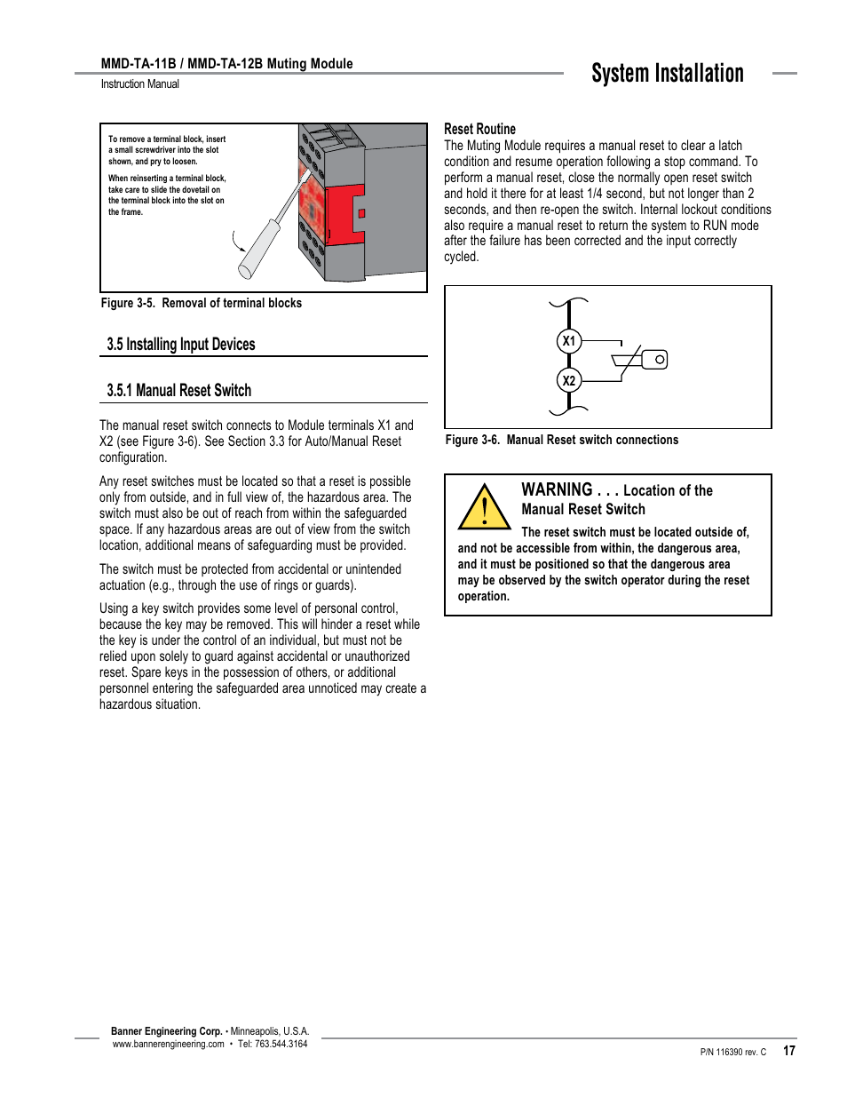 System installation, Warning | Banner MMD-TA-11B Muting Modules User Manual | Page 19 / 60