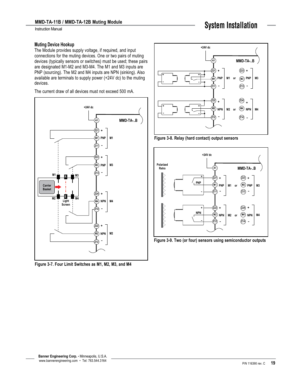 System installation, Muting device hookup, Mmd-ta-11b / mmd-ta-12b muting module | Figure 3-8. relay (hard contact) output sensors, Instruction manual | Banner MMD-TA-11B Muting Modules User Manual | Page 21 / 60