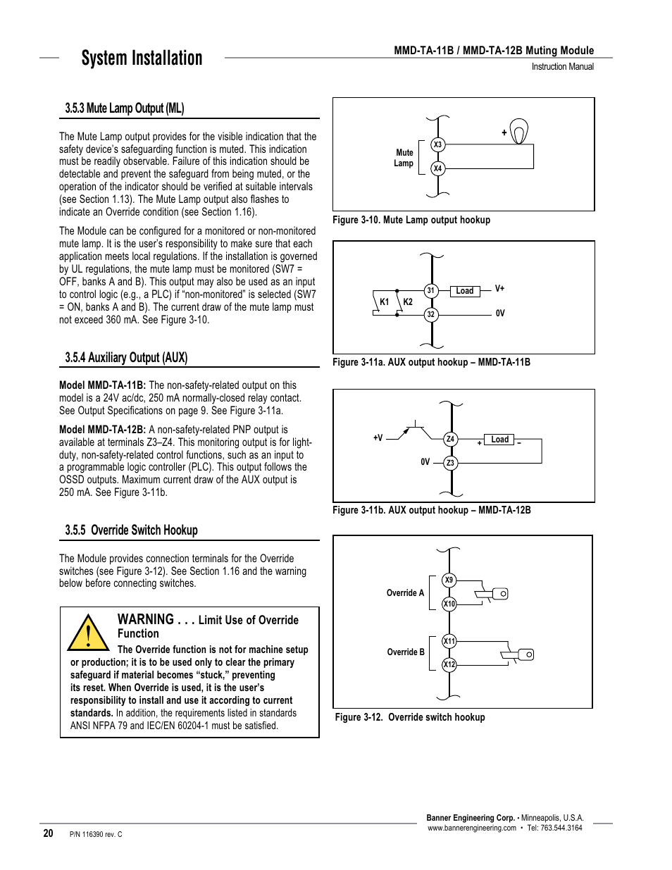 System installation, Warning, 3 mute lamp output (ml) | 4 auxiliary output (aux), 5 override switch hookup | Banner MMD-TA-11B Muting Modules User Manual | Page 22 / 60