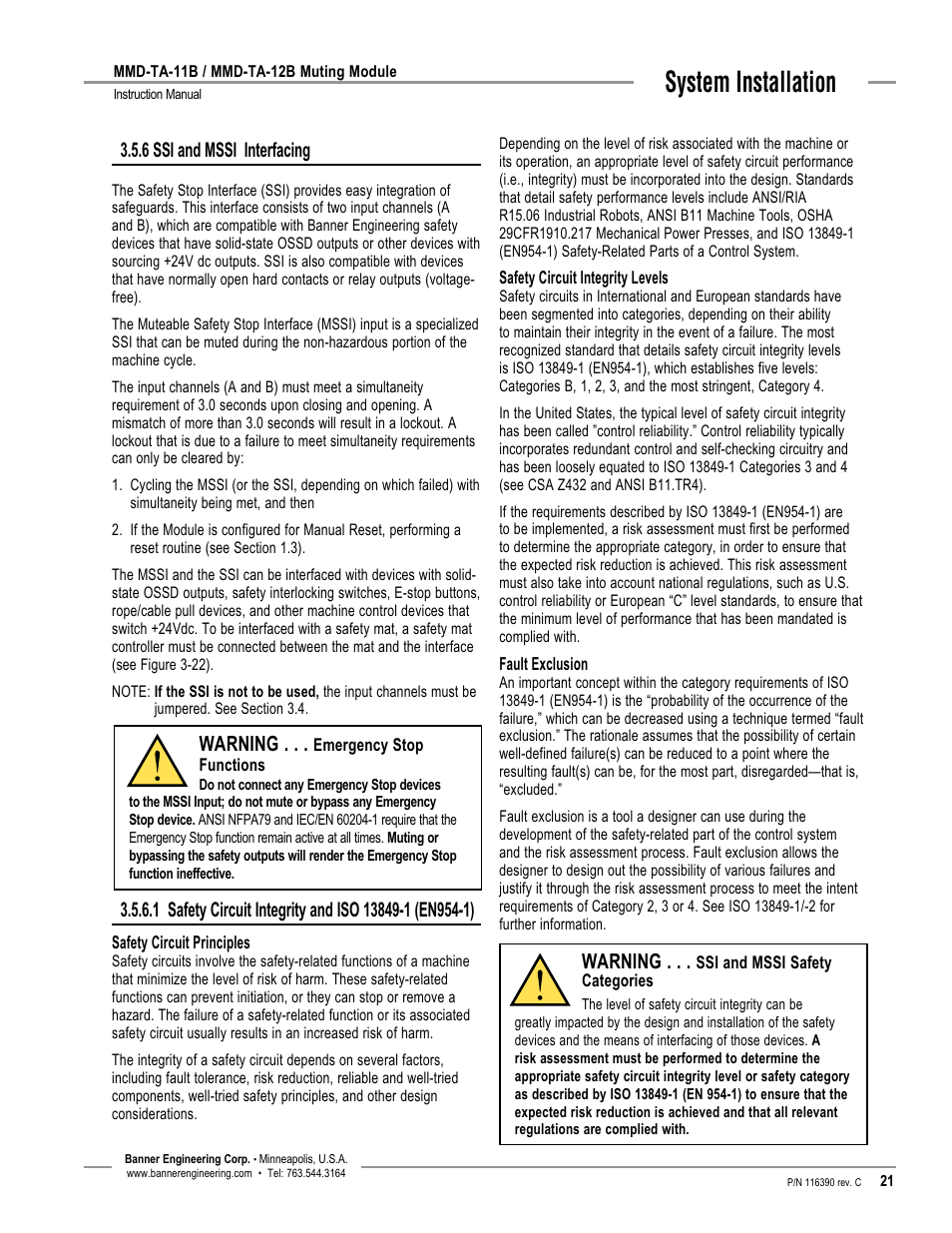 System installation, 6 ssi and mssi interfacing, Warning | Banner MMD-TA-11B Muting Modules User Manual | Page 23 / 60