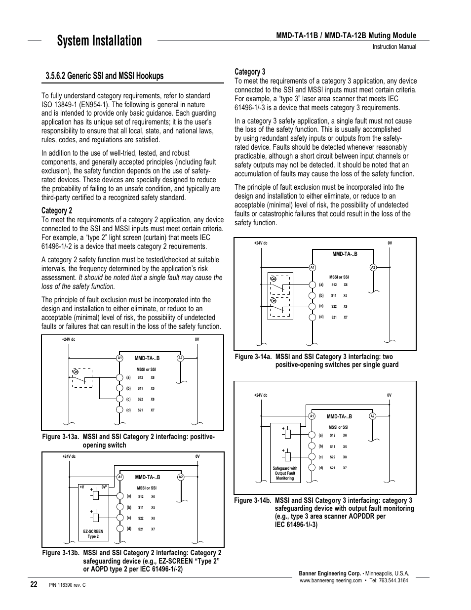 System installation, 2 generic ssi and mssi hookups, Category 2 | Category 3, Mmd-ta-11b / mmd-ta-12b muting module | Banner MMD-TA-11B Muting Modules User Manual | Page 24 / 60
