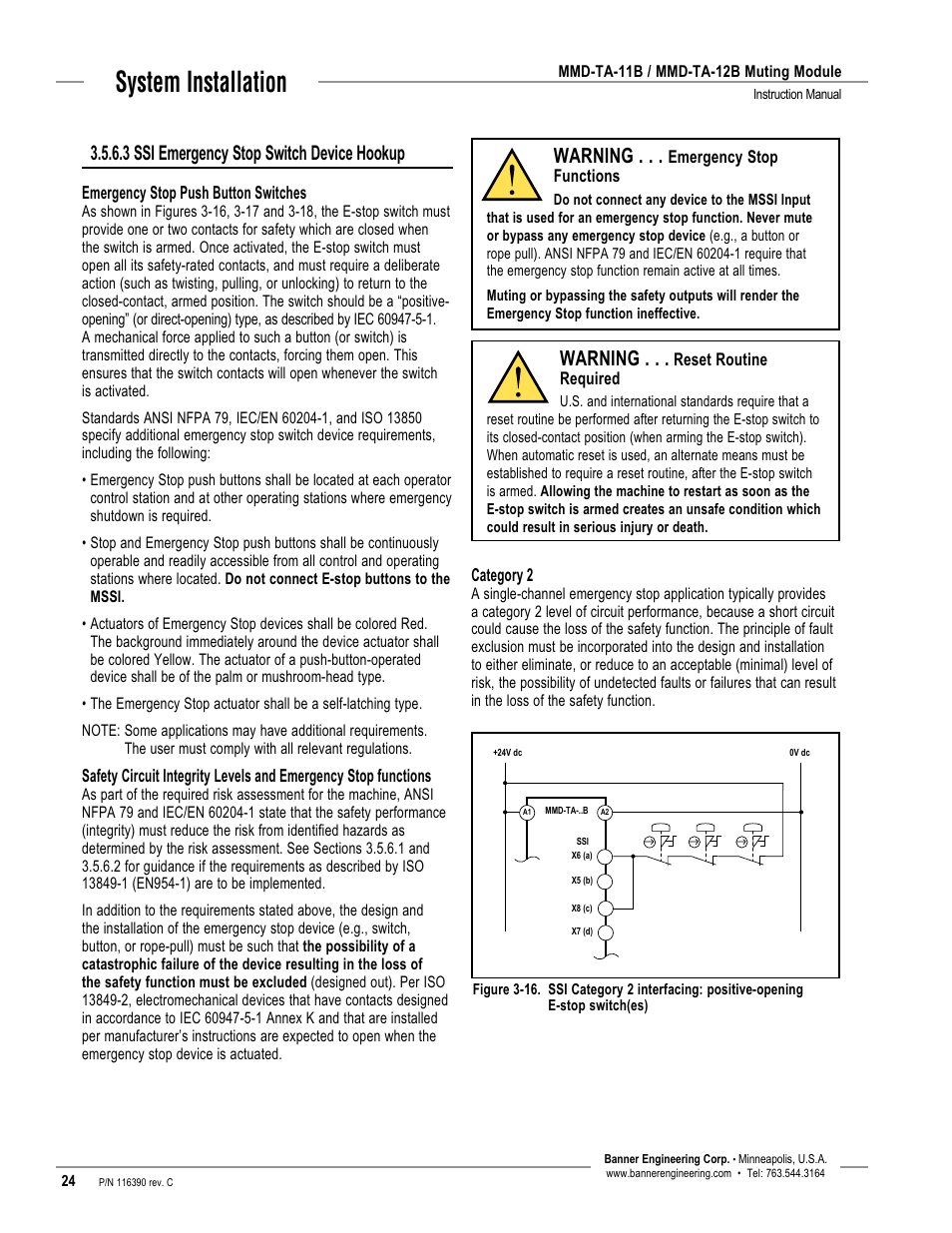 System installation, 3 ssi emergency stop switch device hookup, Warning | Banner MMD-TA-11B Muting Modules User Manual | Page 26 / 60