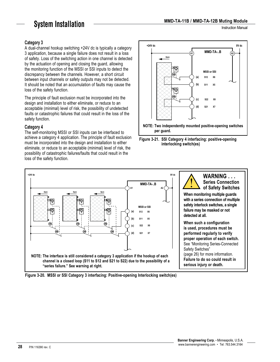 System installation, Warning, Category 3 | Category 4, Series connection of safety switches, Mmd-ta-11b / mmd-ta-12b muting module | Banner MMD-TA-11B Muting Modules User Manual | Page 30 / 60