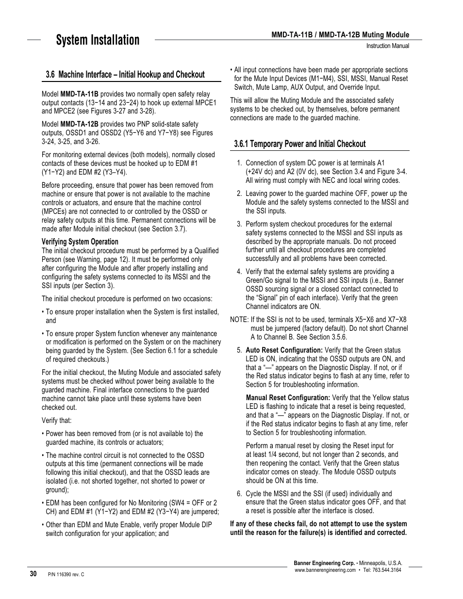 System installation, 6 machine interface – initial hookup and checkout, 1 temporary power and initial checkout | Banner MMD-TA-11B Muting Modules User Manual | Page 32 / 60