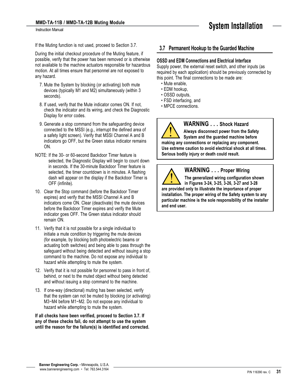 System installation, 7 permanent hookup to the guarded machine, Warning | Banner MMD-TA-11B Muting Modules User Manual | Page 33 / 60