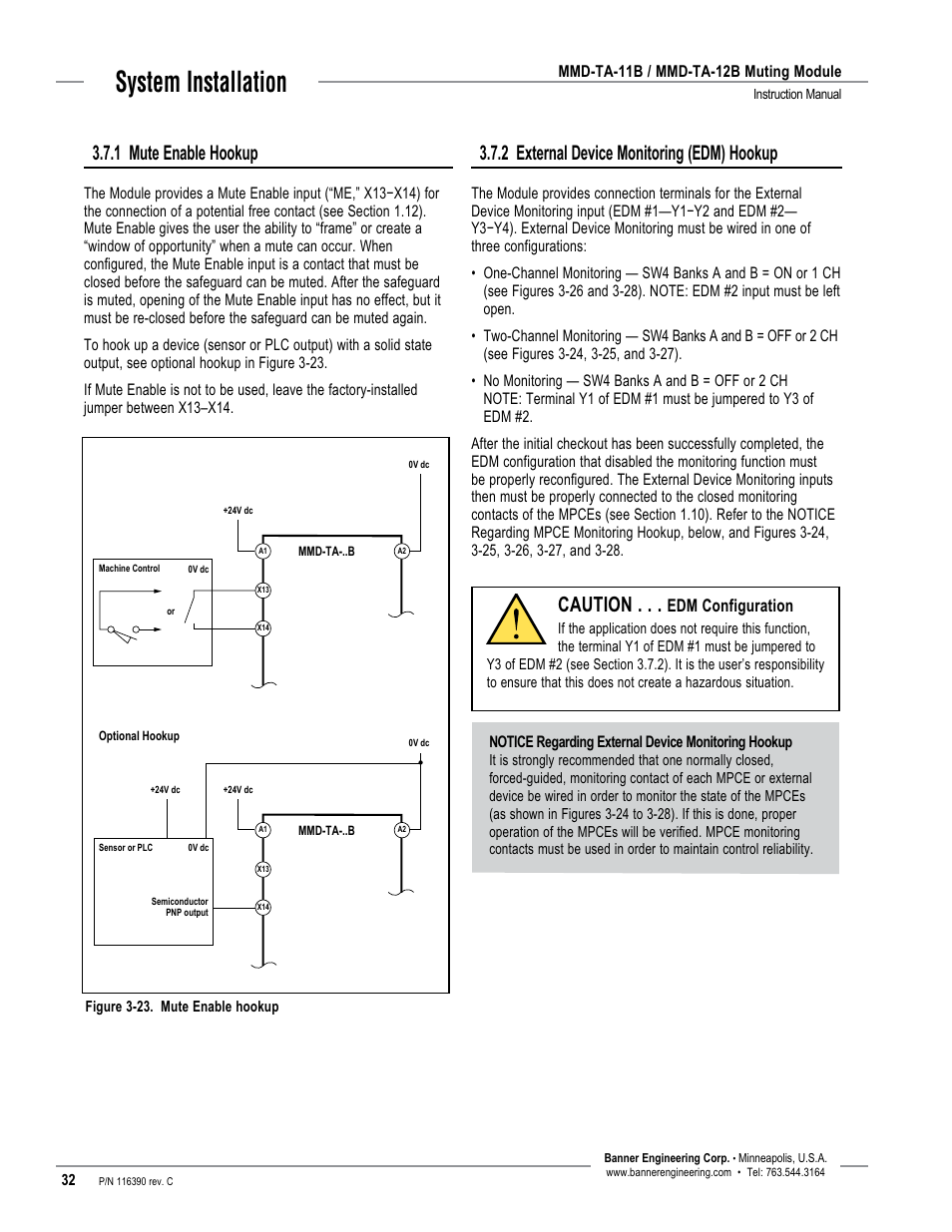 System installation, 1 mute enable hookup, 2 external device monitoring (edm) hookup | Caution | Banner MMD-TA-11B Muting Modules User Manual | Page 34 / 60