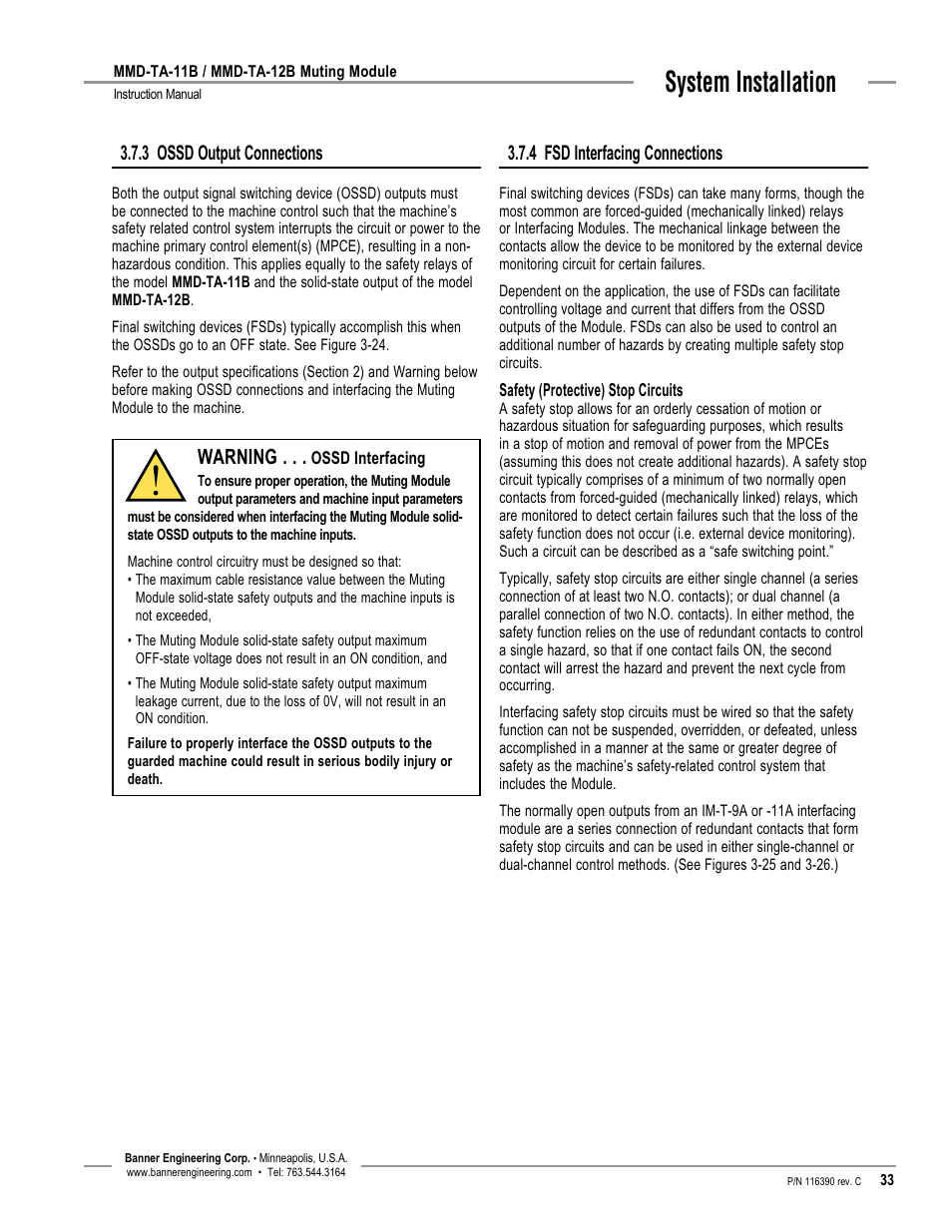 System installation, Warning, 3 ossd output connections | 4 fsd interfacing connections | Banner MMD-TA-11B Muting Modules User Manual | Page 35 / 60