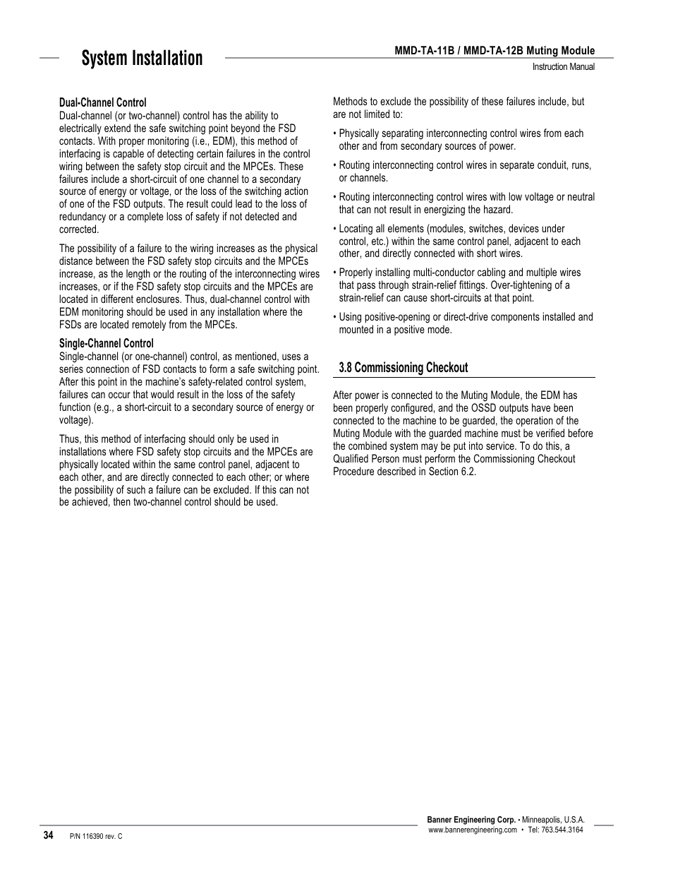 System installation, 8 commissioning checkout | Banner MMD-TA-11B Muting Modules User Manual | Page 36 / 60