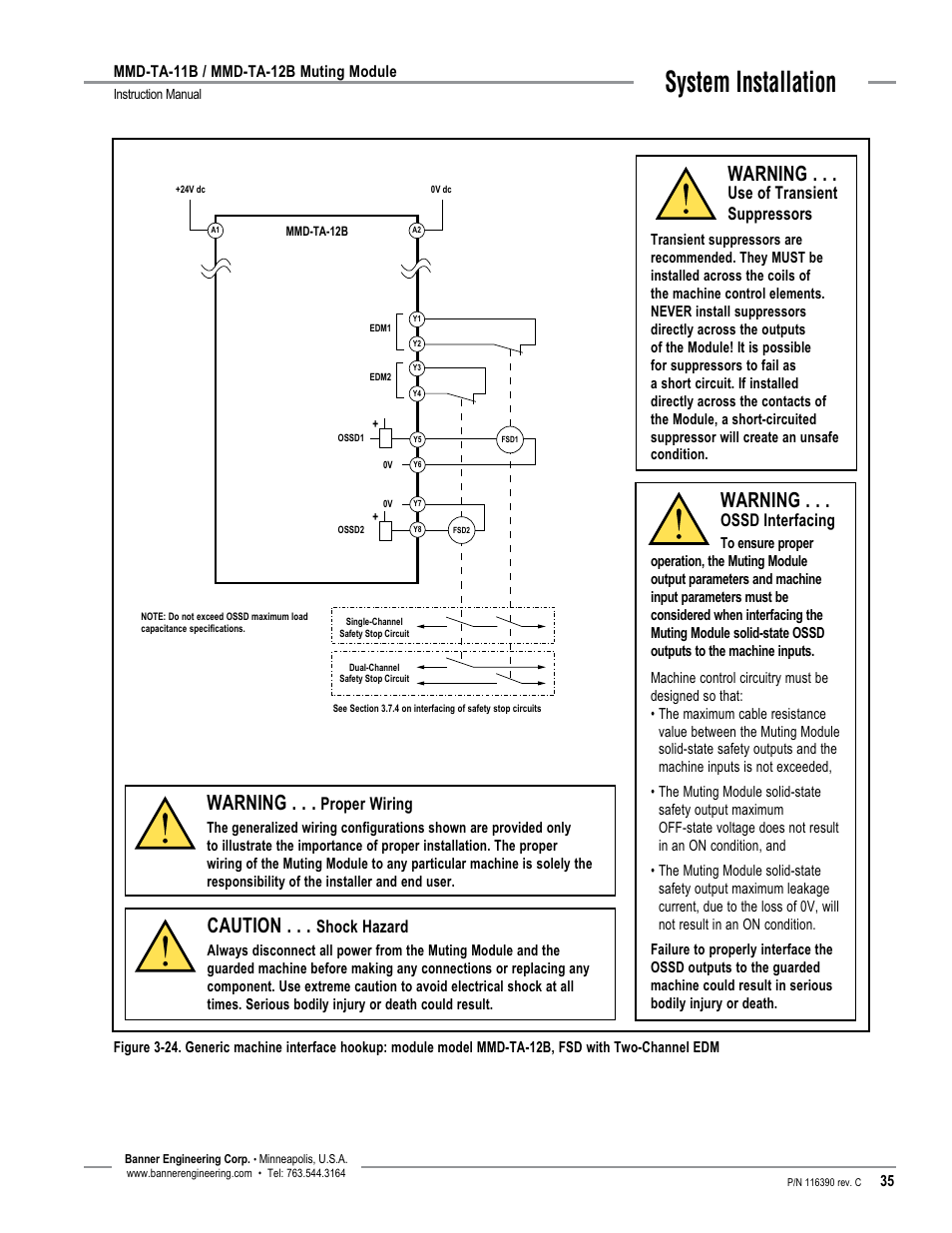System installation, Warning, Caution | Use of transient suppressors, Proper wiring, Shock hazard, Ossd interfacing | Banner MMD-TA-11B Muting Modules User Manual | Page 37 / 60