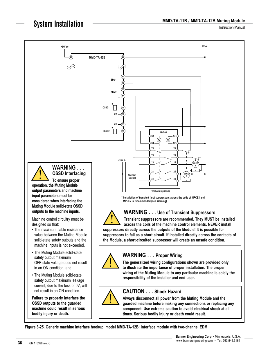 System installation, Warning, Caution | Proper wiring, Shock hazard, Use of transient suppressors, Ossd interfacing, Mmd-ta-11b / mmd-ta-12b muting module | Banner MMD-TA-11B Muting Modules User Manual | Page 38 / 60