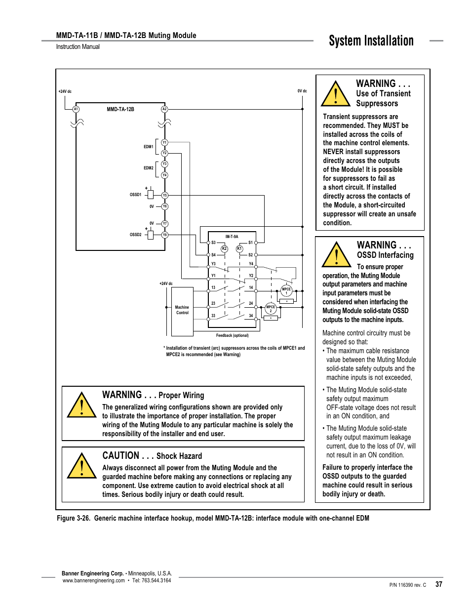 System installation, Warning, Caution | Proper wiring, Shock hazard, Use of transient suppressors, Ossd interfacing, Mmd-ta-11b / mmd-ta-12b muting module | Banner MMD-TA-11B Muting Modules User Manual | Page 39 / 60