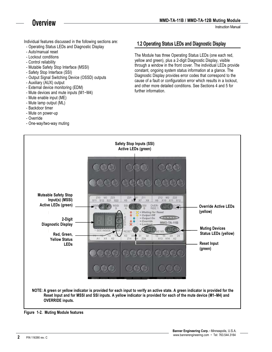 Overview, 2 operating status leds and diagnostic display | Banner MMD-TA-11B Muting Modules User Manual | Page 4 / 60