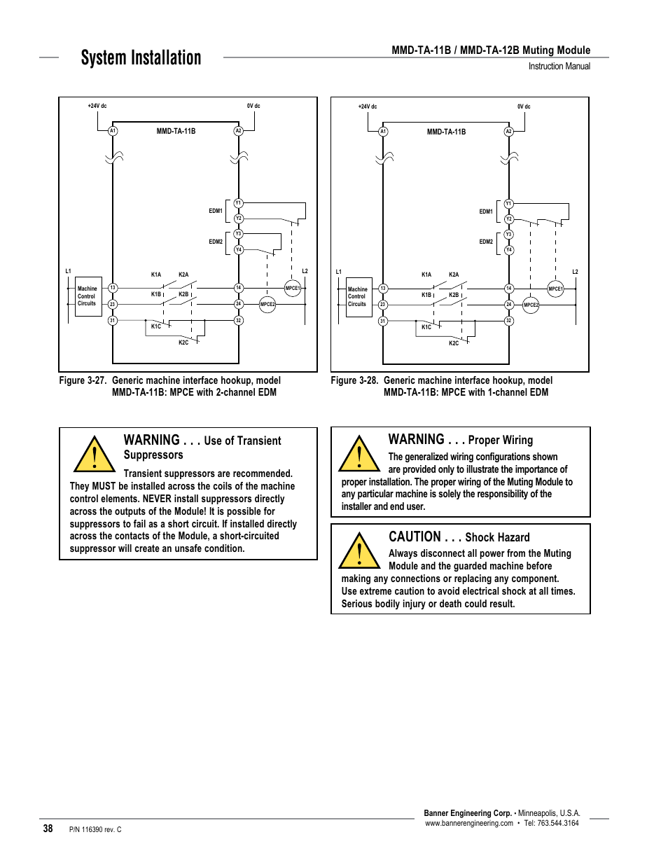 System installation, Warning, Caution | Proper wiring, Shock hazard, Use of transient suppressors, Mmd-ta-11b / mmd-ta-12b muting module, Instruction manual | Banner MMD-TA-11B Muting Modules User Manual | Page 40 / 60