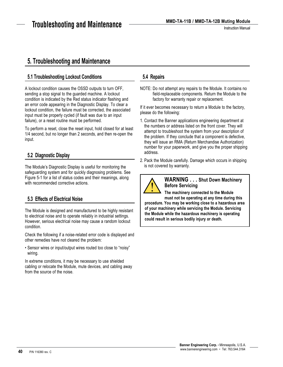 Troubleshooting and maintenance, 1 troubleshooting lockout conditions, 2 diagnostic display | 3 effects of electrical noise, 4 repairs, Warning | Banner MMD-TA-11B Muting Modules User Manual | Page 42 / 60