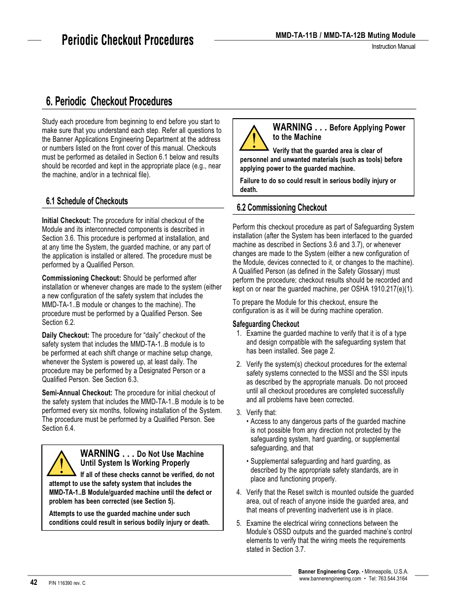 Periodic checkout procedures, 1 schedule of checkouts, Warning | 2 commissioning checkout | Banner MMD-TA-11B Muting Modules User Manual | Page 44 / 60