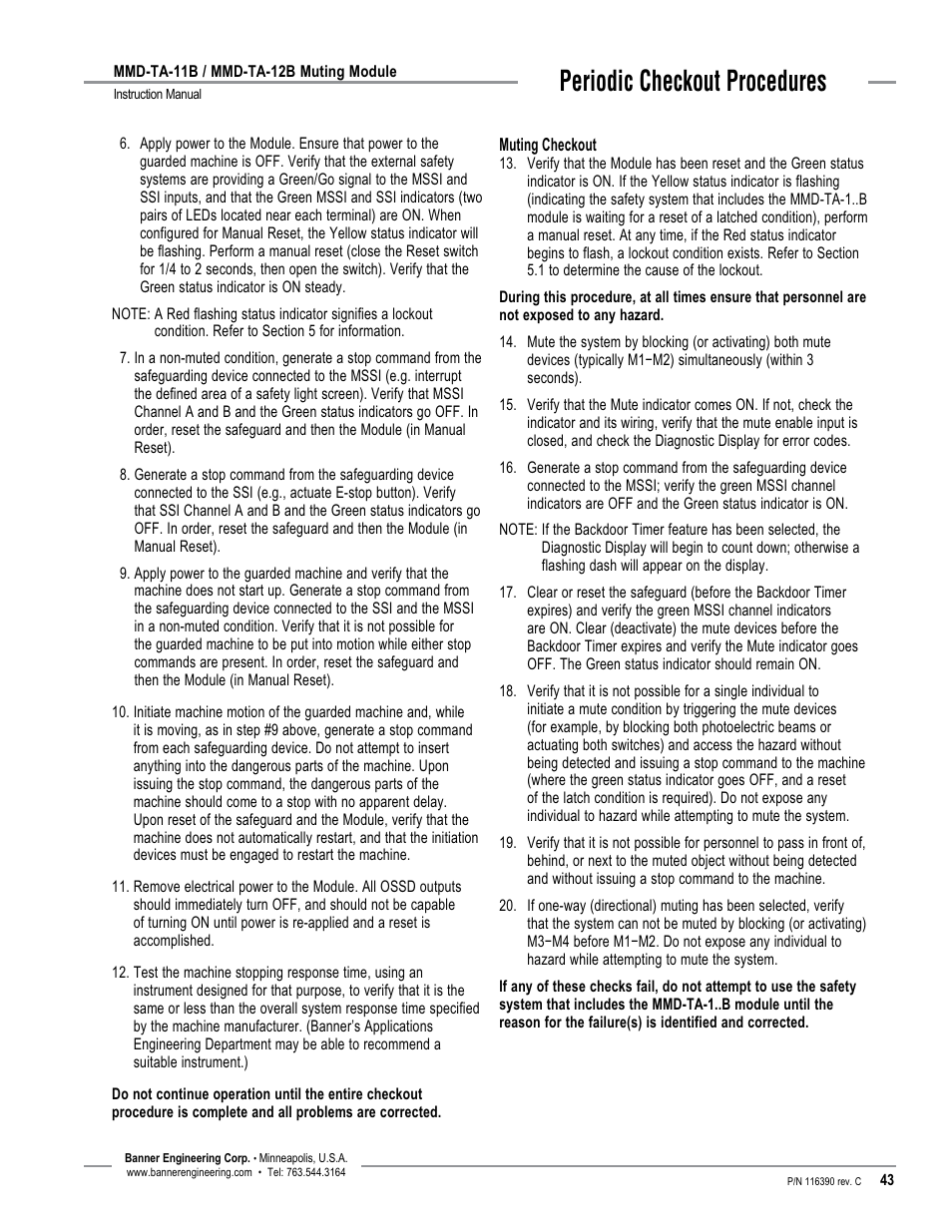 Periodic checkout procedures | Banner MMD-TA-11B Muting Modules User Manual | Page 45 / 60