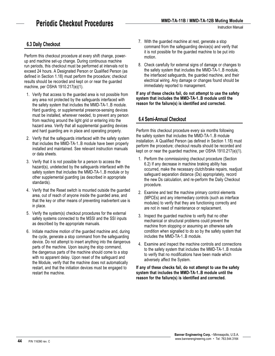 Periodic checkout procedures, 3 daily checkout, 4 semi-annual checkout | Banner MMD-TA-11B Muting Modules User Manual | Page 46 / 60