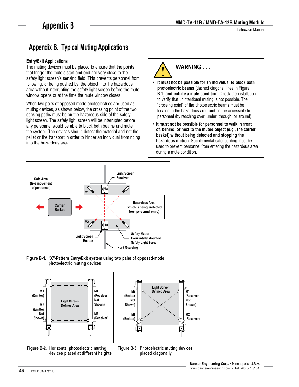 Appendix b, Appendix b. typical muting applications, Warning | Banner MMD-TA-11B Muting Modules User Manual | Page 48 / 60