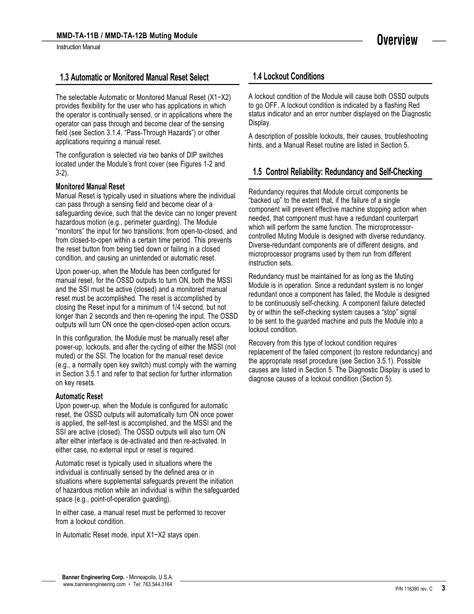 Overview, 3 automatic or monitored manual reset select, 4 lockout conditions | Banner MMD-TA-11B Muting Modules User Manual | Page 5 / 60