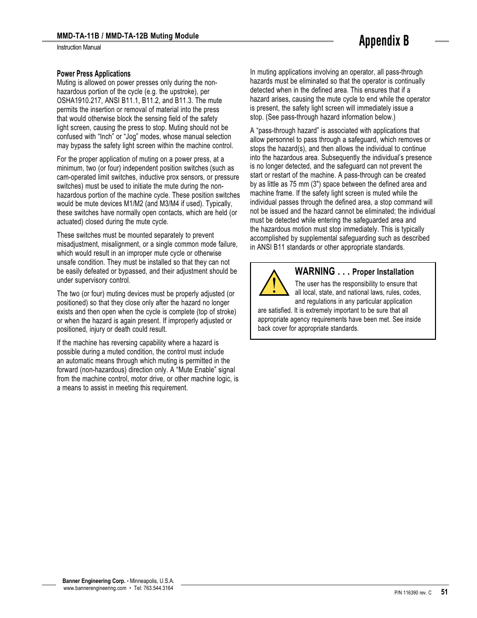 Appendix b, Warning | Banner MMD-TA-11B Muting Modules User Manual | Page 53 / 60