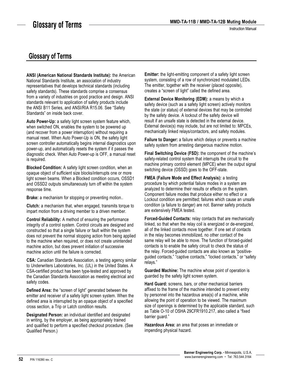 Glossary of terms | Banner MMD-TA-11B Muting Modules User Manual | Page 54 / 60