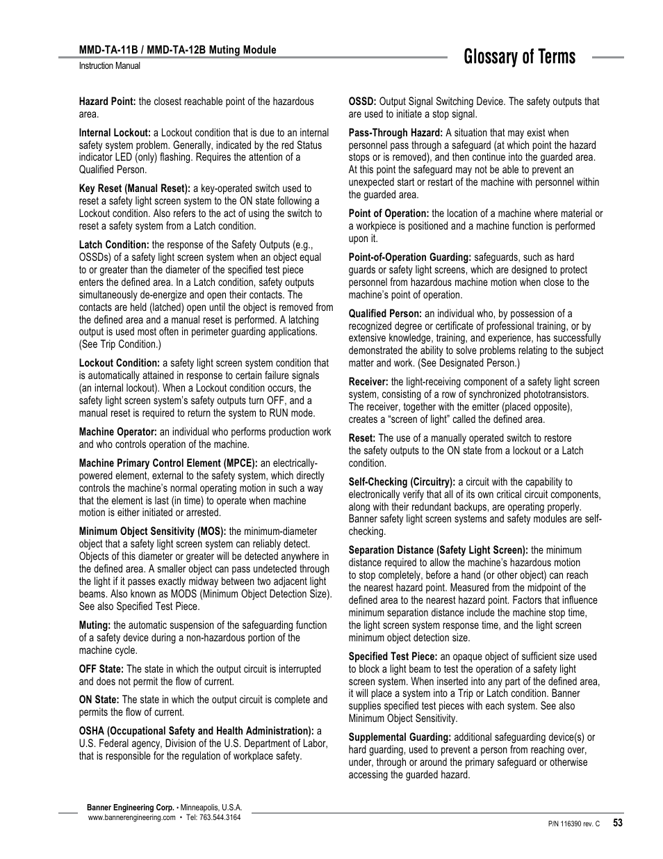 Glossary of terms | Banner MMD-TA-11B Muting Modules User Manual | Page 55 / 60