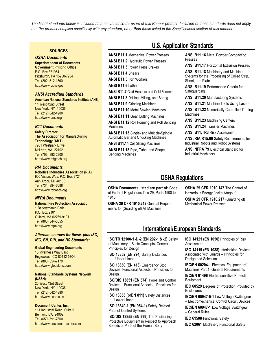 U.s. application standards, Osha regulations, International/european standards | Banner MMD-TA-11B Muting Modules User Manual | Page 59 / 60