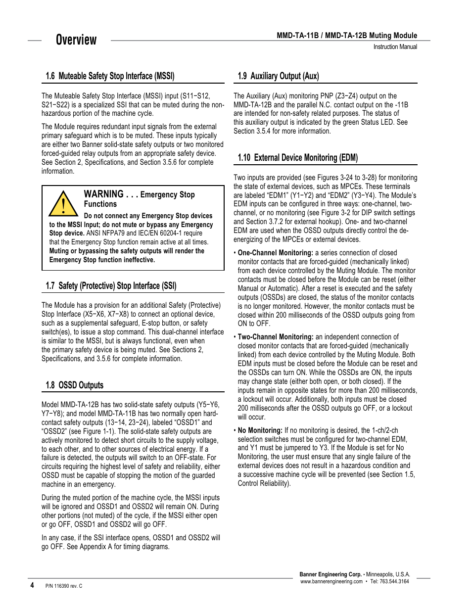Overview, 6 muteable safety stop interface (mssi), 9 auxiliary output (aux) | 10 external device monitoring (edm), Warning, 7 safety (protective) stop interface (ssi), 8 ossd outputs | Banner MMD-TA-11B Muting Modules User Manual | Page 6 / 60