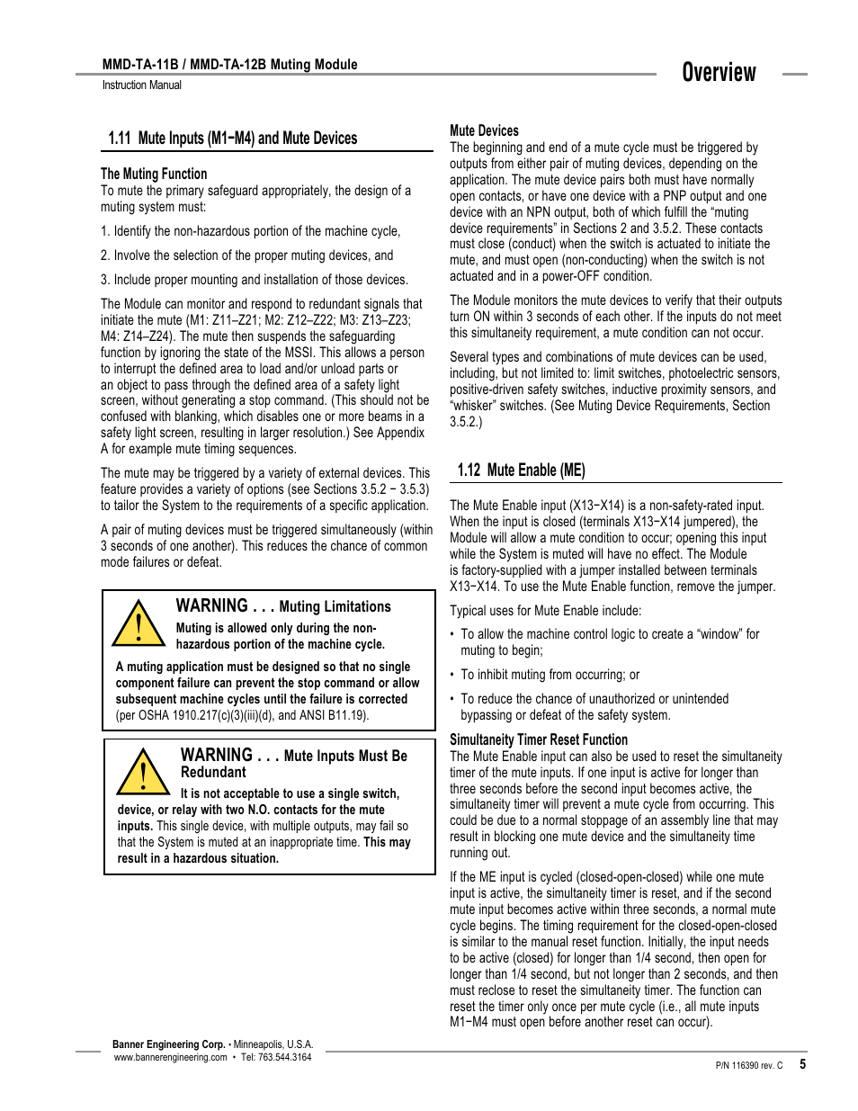 Overview, 11 mute inputs (m1−m4) and mute devices, Warning | 12 mute enable (me) | Banner MMD-TA-11B Muting Modules User Manual | Page 7 / 60